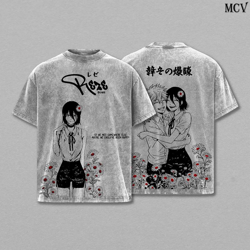 Denji x Reze Chainsaw Man Tee Washed – The Movie: Reze Arc Vintage Oversized Heavy Cotton Anime Manga T-Shirt, Double Printed Retro Unisex Streetwear Graphic Top Gift for Otaku Fans