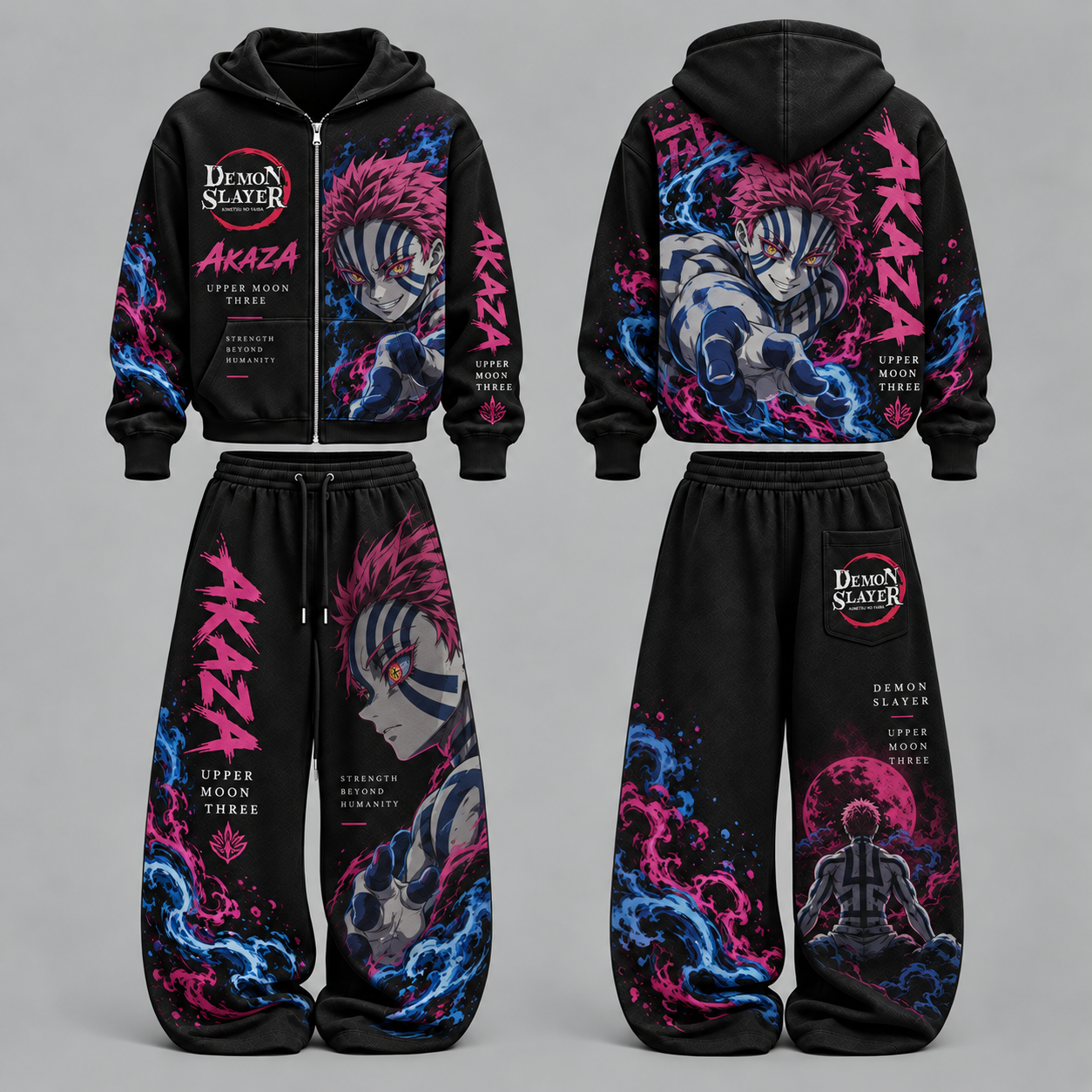 Demon Slayer Akaza- Unisex Zipper Hooded Sweatshirt Set