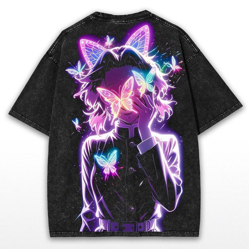 Shinobu Kocho Demon Slayer Oversized Washed Tee – Neon Butterfly Aura Double Printed Heavy Cotton Shirt | Collector’s Anime Streetwear Drop