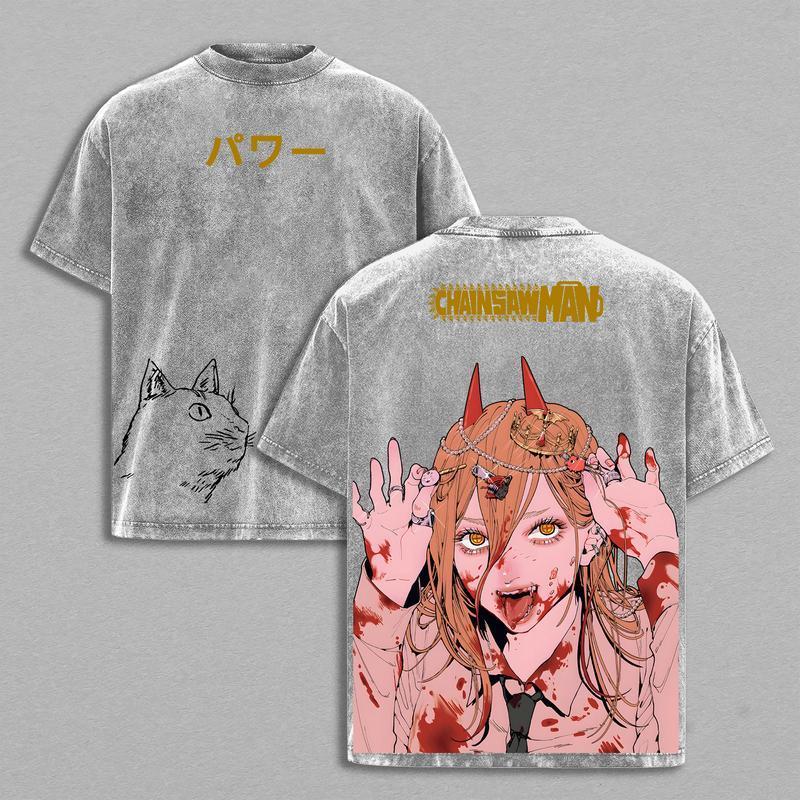 Power T-Shirt – Chainsaw Man Vintage Oversized Double Printed Heavy Cotton Washed Anime Graphic Tee with Meowy Cat, Unisex Streetwear Gift for Fans