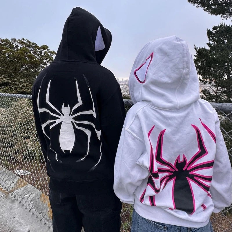 Spiderman Eye Mask Couple Hoodies Best Material- Y2K Streetwear Graphic Zip-Up Sweatshirt for Men and Women