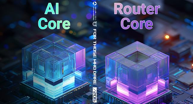 Text reads 'AI', 'Router', 'Core'. Digital illustration showing glowing technological components in blue and purple against dark background with circuit patterns.