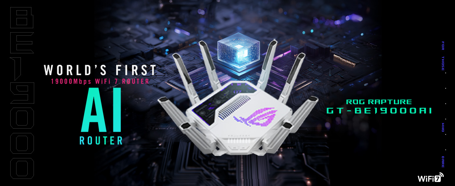Text reads 'WORLD'S FIRST' and 'AI'. Futuristic technological imagery with glowing elements and geometric designs in dark setting with purple and blue lighting.