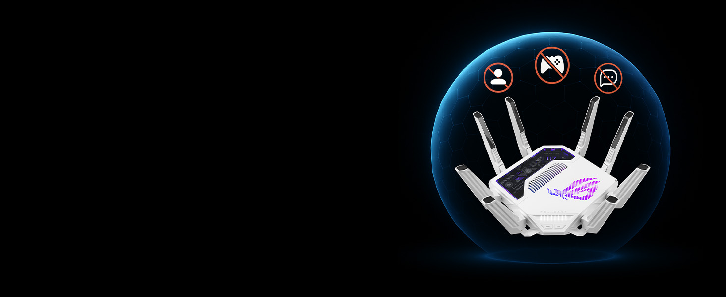 Close-up product images of a white wireless router device with angular design and multiple antennas, shown from different angles against black background.