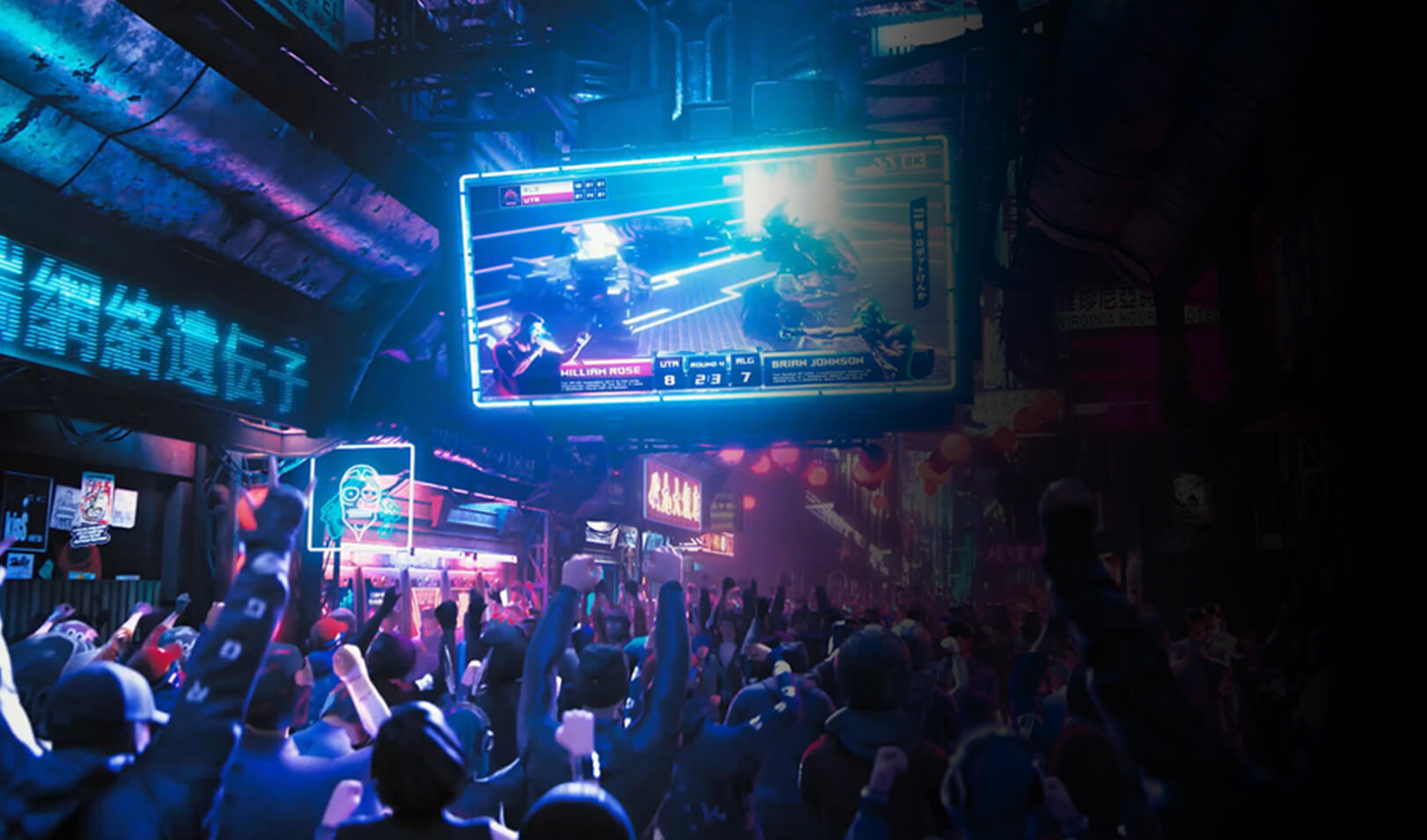 A crowd watching a live broadcast of a battle.”