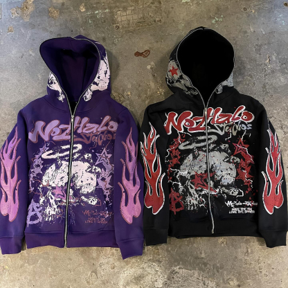 Flame Skull Angel Print Full Zip Hoodie