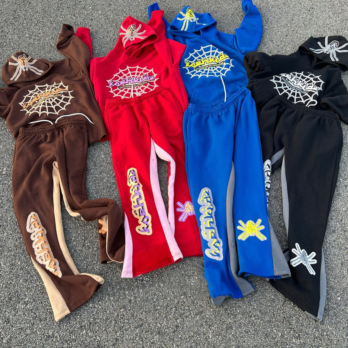 Spider web print casual street splicing micro-flared trousers and hoodie two-piece suit