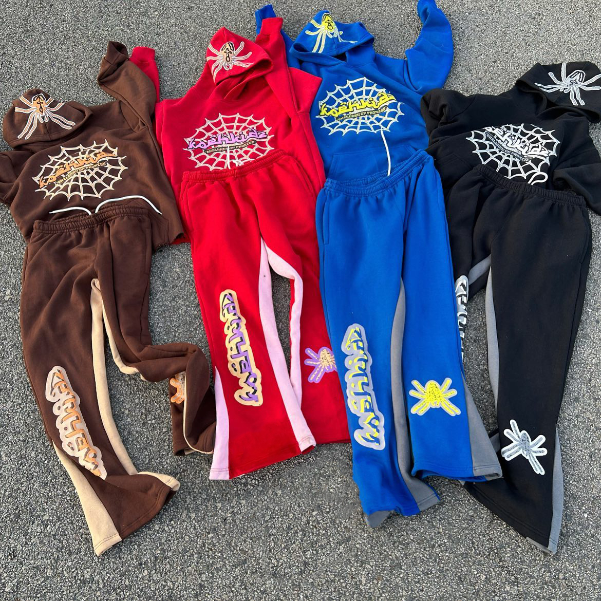 Spider web print casual street splicing micro-flared trousers and hoodie two-piece suit