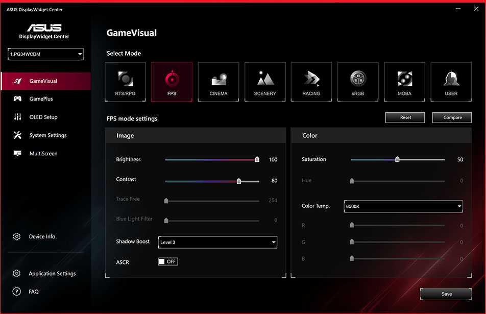 The new ASUS DisplayWidget Center user interface that displays system settings, OLED functions and more.