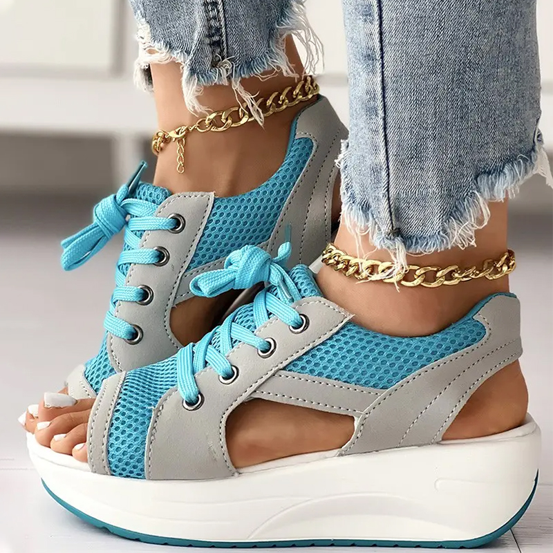  Contrast Paneled Cutout Lace-up Muffin Sandals - Buy 2 Free Shipping