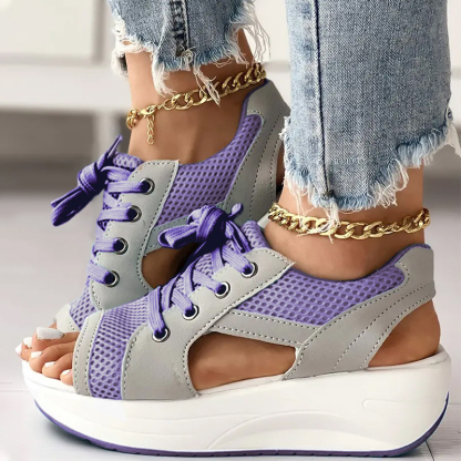  Contrast Paneled Cutout Lace-up Muffin Sandals - Buy 2 Free Shipping