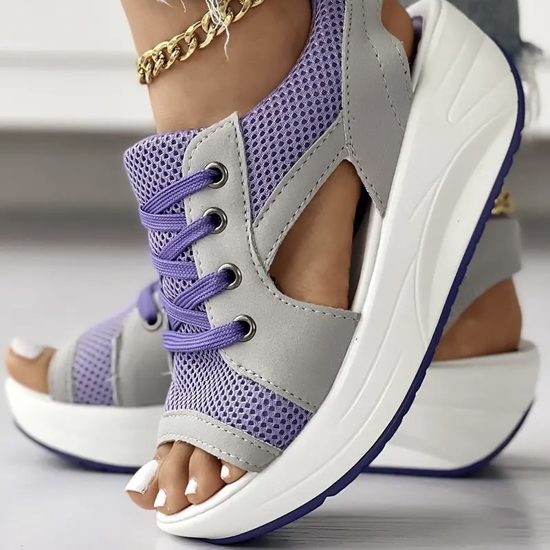  Contrast Paneled Cutout Lace-up Muffin Sandals - Buy 2 Free Shipping