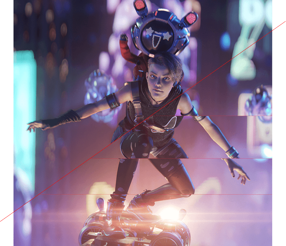 Omni and Acht ride a levitating skateboard, and Acht's body is shown tearing apart without the VRR technology.