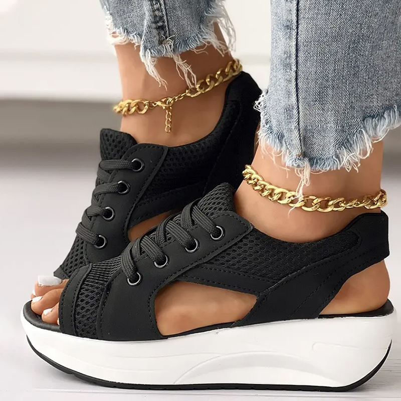  Contrast Paneled Cutout Lace-up Muffin Sandals - Buy 2 Free Shipping