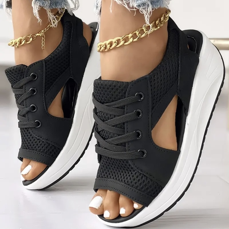 Contrast Paneled Cutout Lace-up Muffin Sandals - Buy 2 Free Shipping