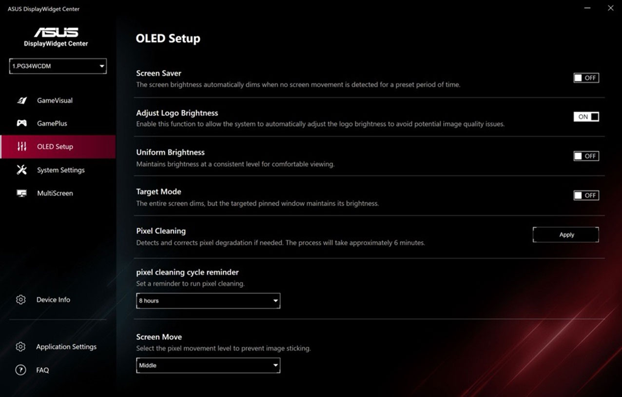 ASUS DisplayWidget Center UI showing screen protection such as screen saver, pixel cleaning, and screen shake.