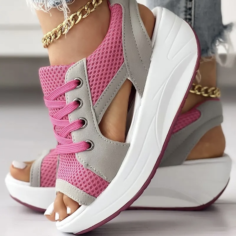  Contrast Paneled Cutout Lace-up Muffin Sandals - Buy 2 Free Shipping