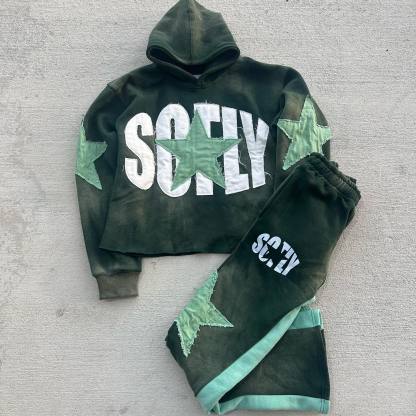 Star patchwork casual street print hoodie two-piece set