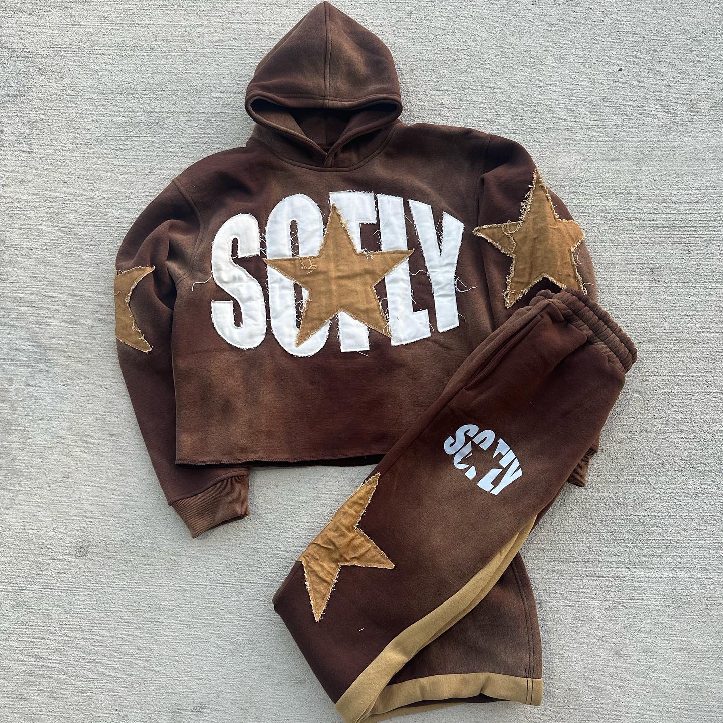Star patchwork casual street print hoodie two-piece set