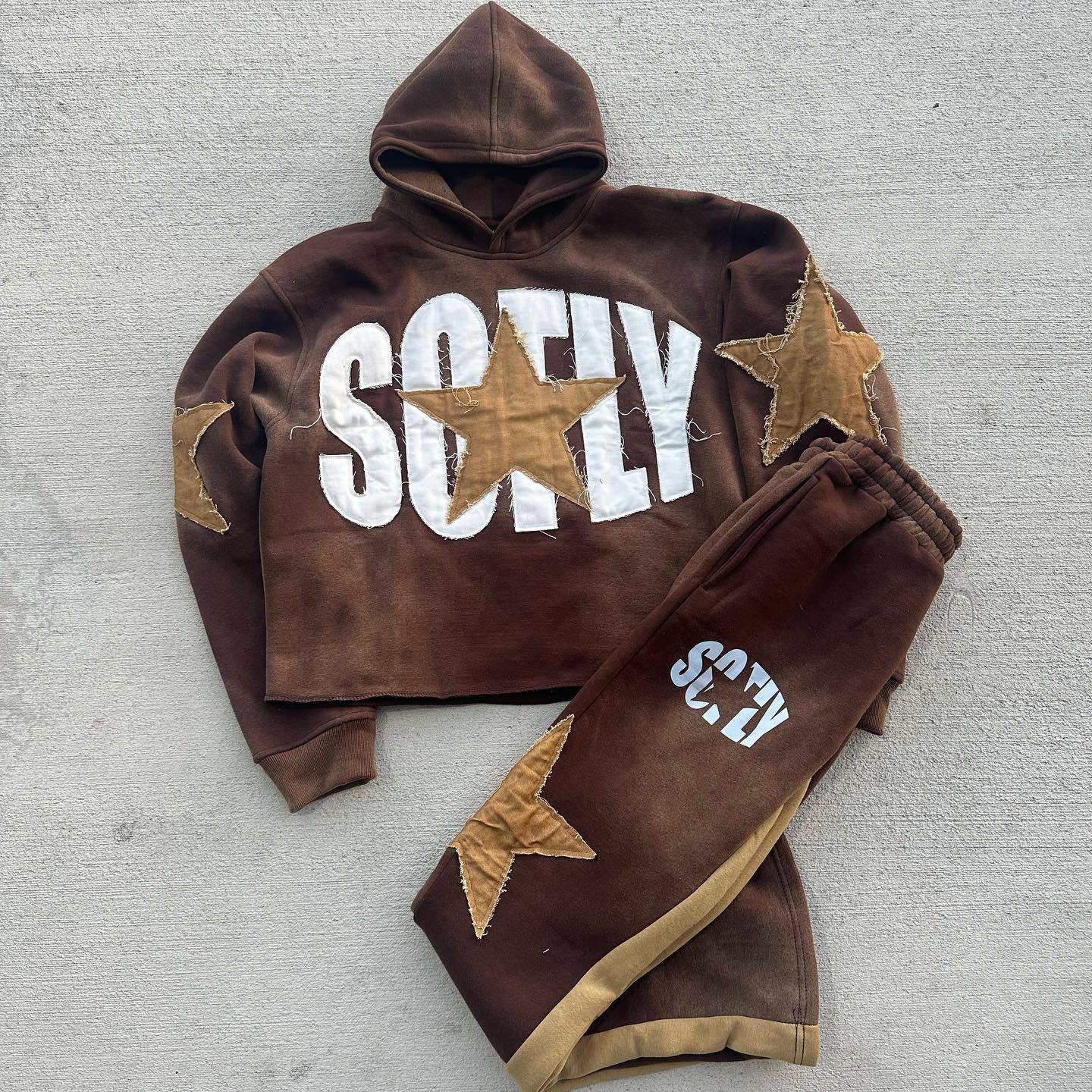 Star patchwork casual street print hoodie two-piece set
