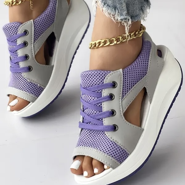 Contrast Paneled Cutout Lace-up Muffin Sandals - Buy 2 Free Shipping