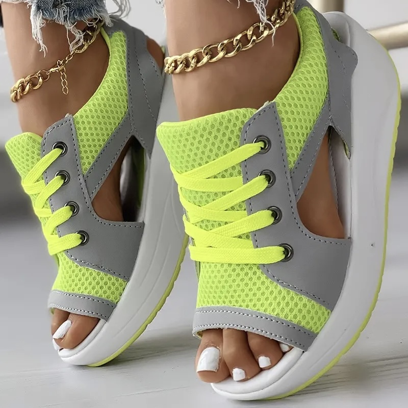  Contrast Paneled Cutout Lace-up Muffin Sandals - Buy 2 Free Shipping