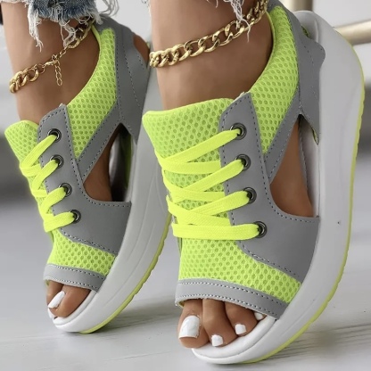  Contrast Paneled Cutout Lace-up Muffin Sandals - Buy 2 Free Shipping