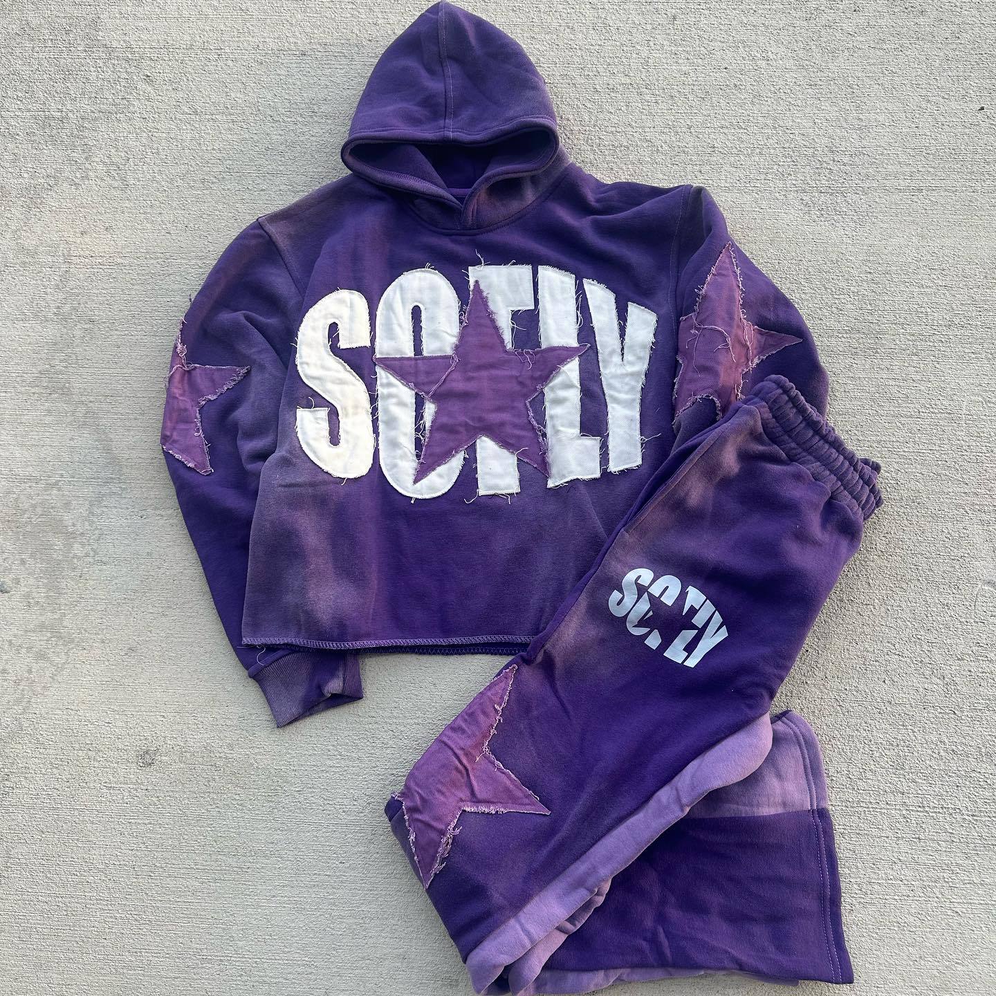 Star patchwork casual street print hoodie two-piece set