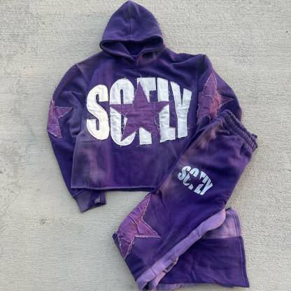 Star patchwork casual street print hoodie two-piece set