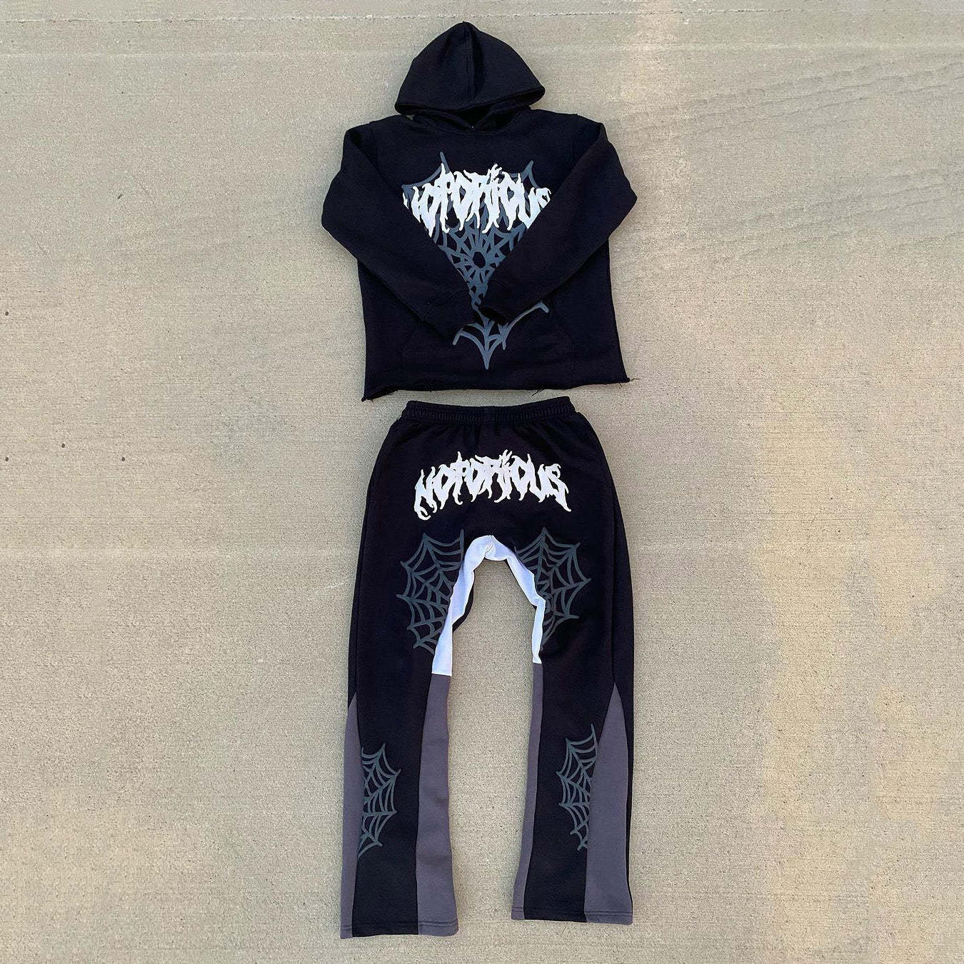 Notorious Spider Web Print Hoodie Sweatpants Two Piece Set