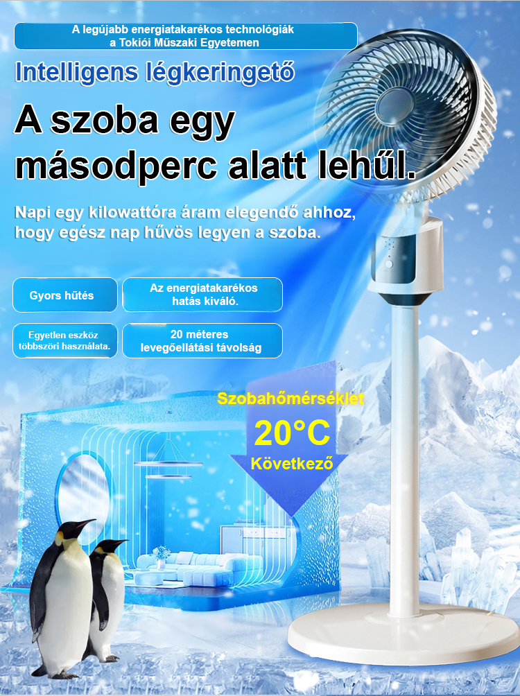 Halk nélküli, energiatakarékos, körkörös forgású álló ventilátor