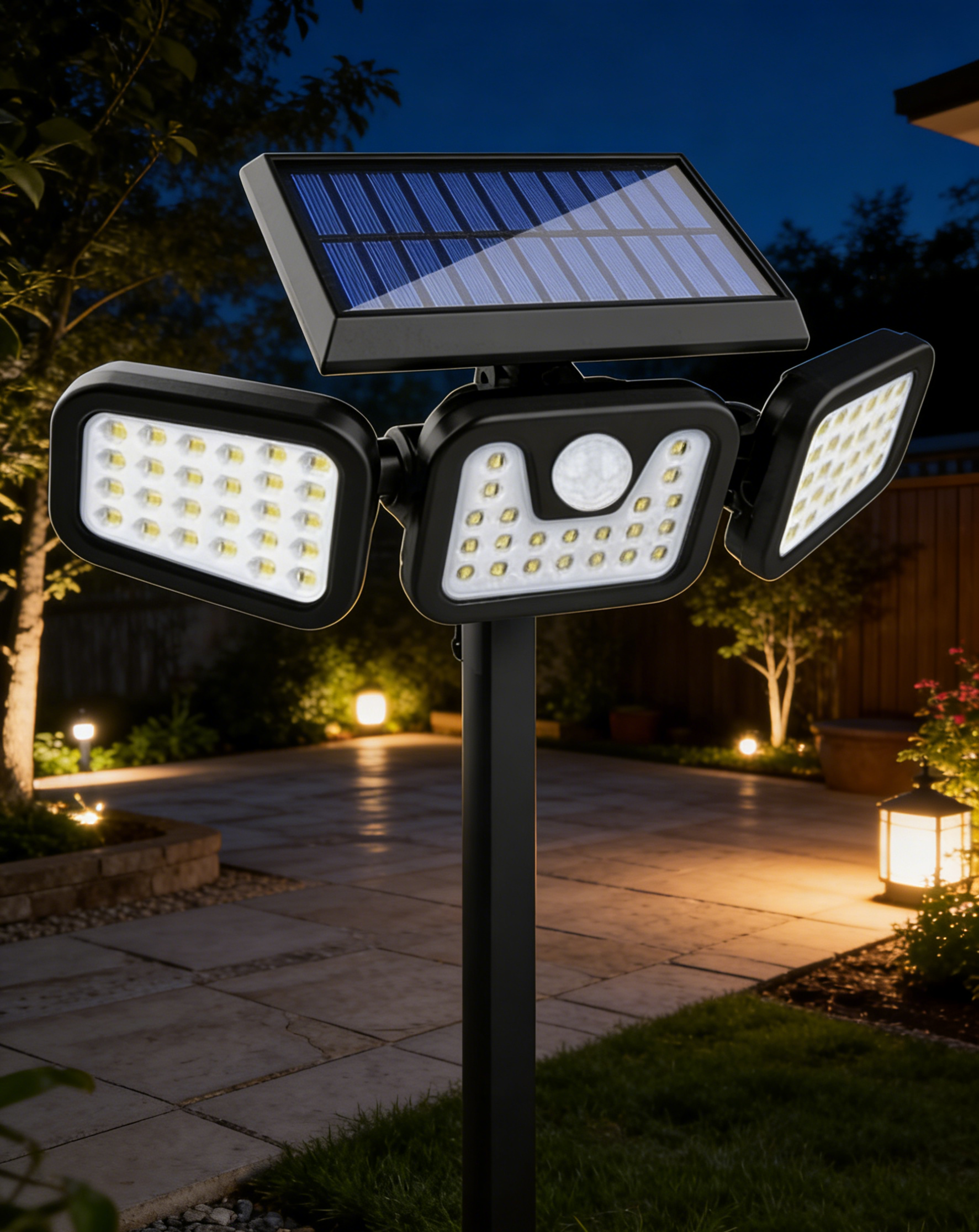 Háromfejű napelemes érzékelő lámpa