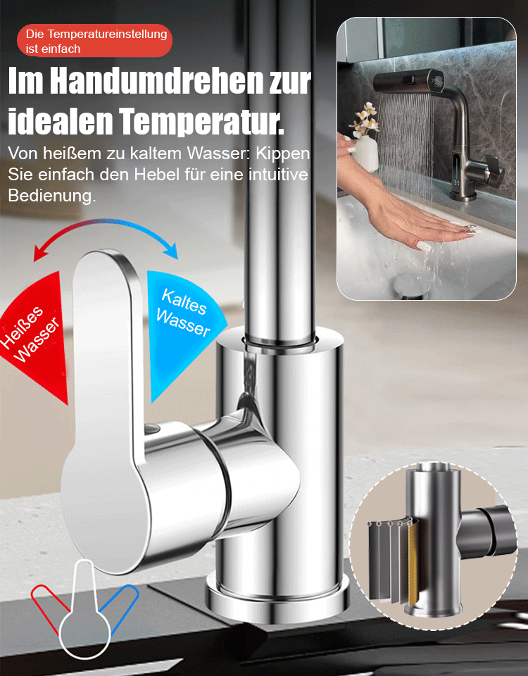Kalt-warm drehbarer Universal-Ausziehhahn.