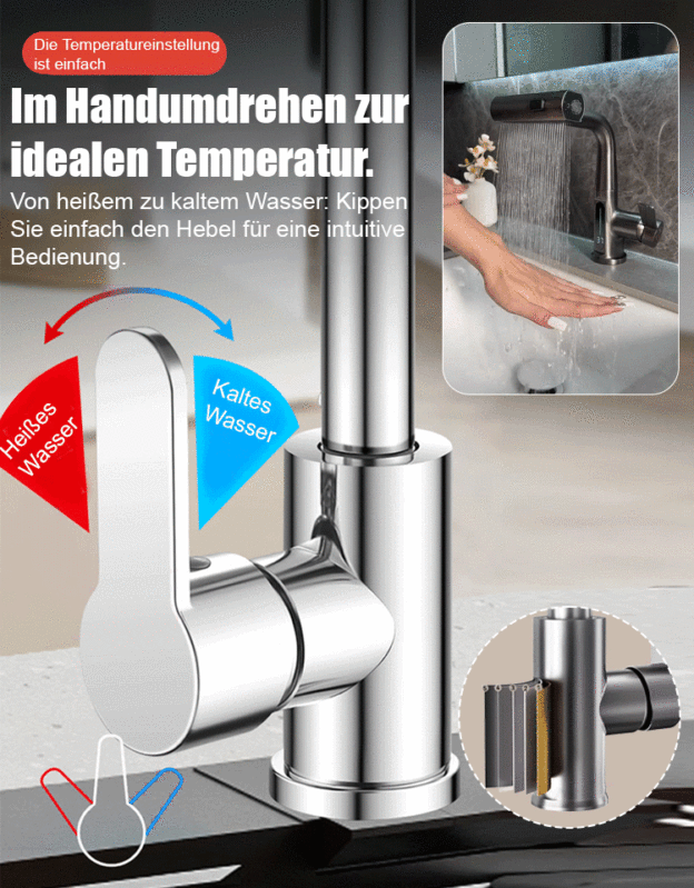 Kalt-warm drehbarer Universal-Ausziehhahn.