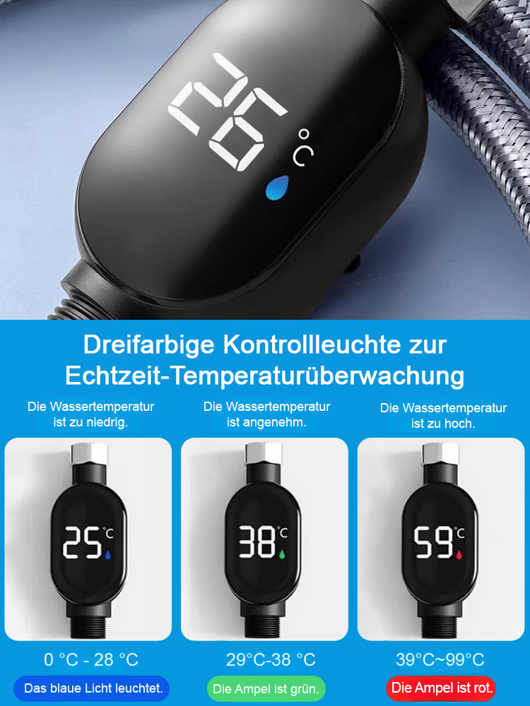[Deutsche Premiumqualität] Intelligente, wasserdichte Duschkopf-Temperaturanzeige, IPX7-wasserdicht, mit Wasserkraft (keine Batterie), dreifarbige Echtzeit-Temperaturanzeige, Überhitzungsschutz bis 43 °C, kompatibel mit allen Armaturen.