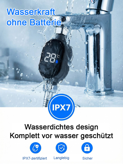 [Deutsche Premiumqualität] Intelligente, wasserdichte Duschkopf-Temperaturanzeige, IPX7-wasserdicht, mit Wasserkraft (keine Batterie), dreifarbige Echtzeit-Temperaturanzeige, Überhitzungsschutz bis 43 °C, kompatibel mit allen Armaturen.