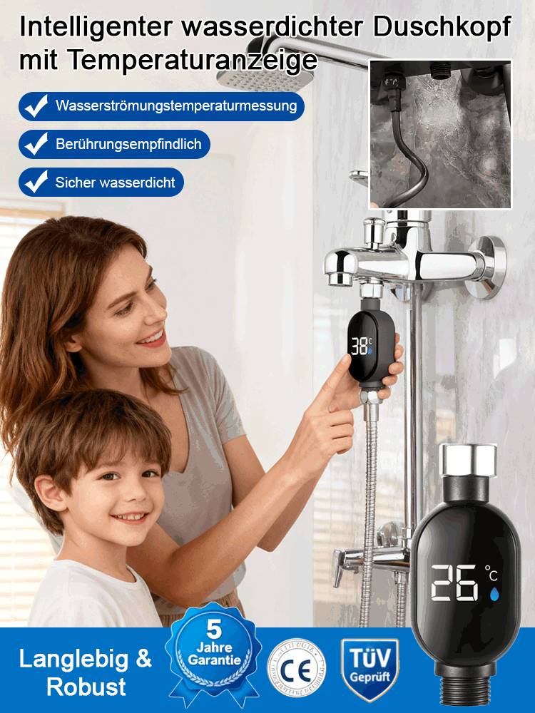 [Deutsche Premiumqualität] Intelligente, wasserdichte Duschkopf-Temperaturanzeige, IPX7-wasserdicht, mit Wasserkraft (keine Batterie), dreifarbige Echtzeit-Temperaturanzeige, Überhitzungsschutz bis 43 °C, kompatibel mit allen Armaturen.