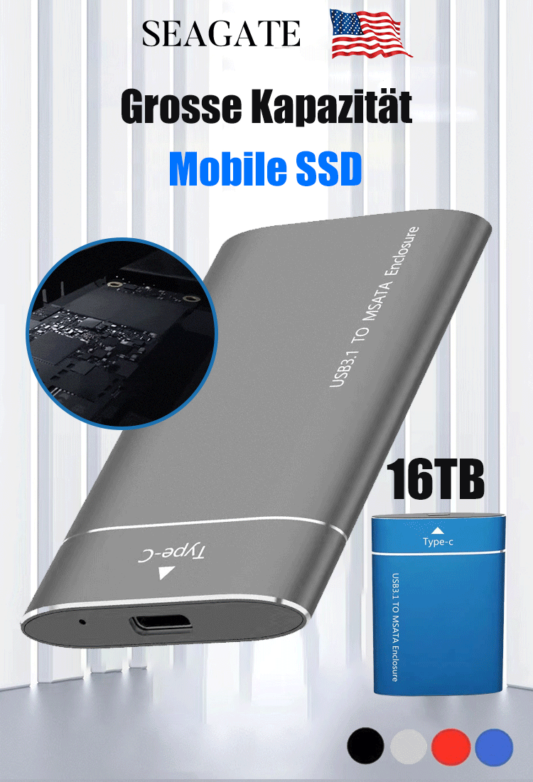 16 TB Speicherkapazität, 950 MB/s Übertragungsgeschwindigkeit, kompatibel mit allen Geräten und Systemen, Plug & Play, Super Acceleration 3.0 für maximale Geschwindigkeit, keine Datenbeschädigung, 1 GB Datentransfer pro Sekunde.