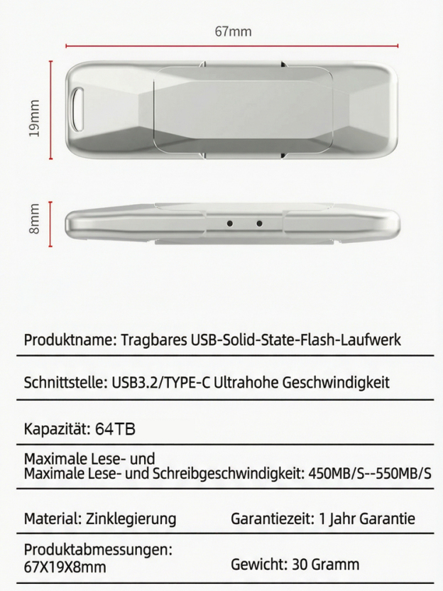 ⚡64 TB ultraschnelle, portable SSD mit hoher Kapazität✅USB 3.2 + Typ-C Dual-Schnittstellen📱Kompatibel mit vielen Geräten und Systemen⚡Blitzschnelle 4K-Videoübertragung mit 550 MB/s, Gehäuse aus importierter deutscher Zinklegierung, wasser- und stoßfest
