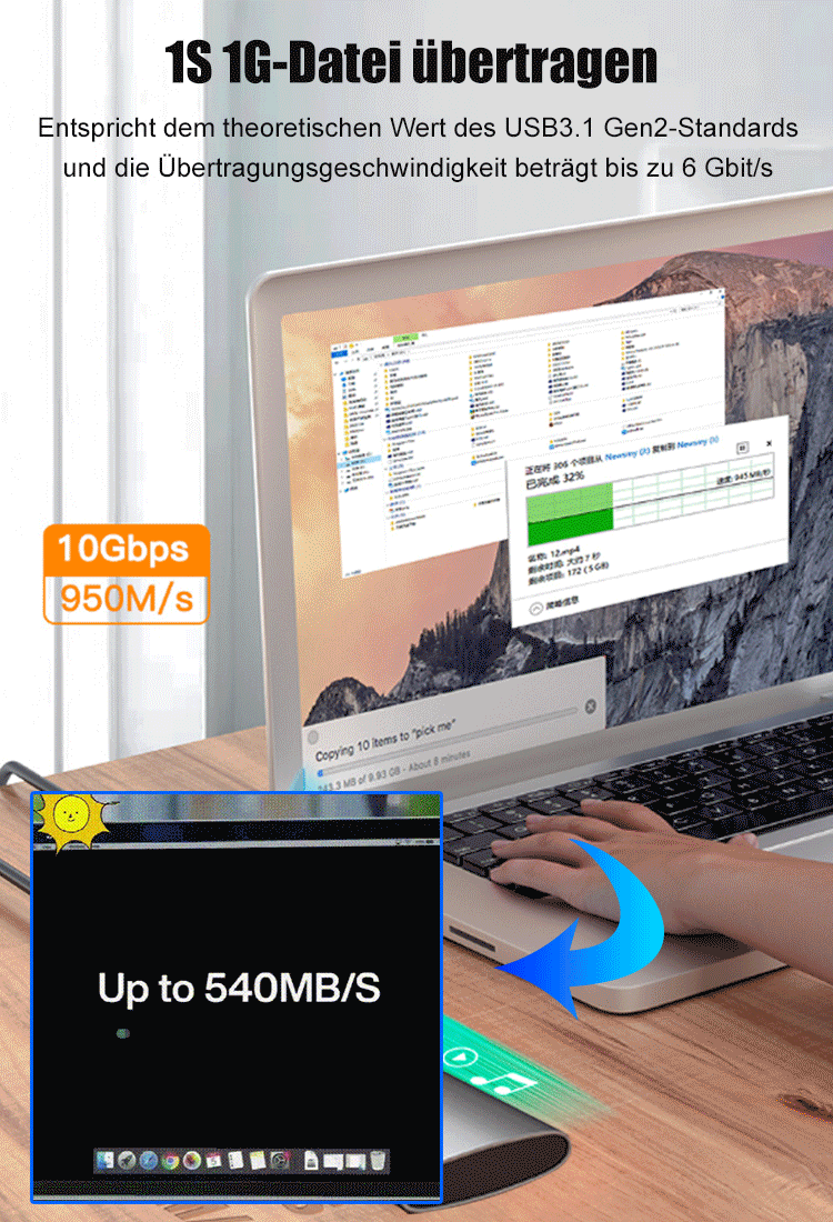 16 TB Speicherkapazität, 950 MB/s Übertragungsgeschwindigkeit, kompatibel mit allen Geräten und Systemen, Plug & Play, Super Acceleration 3.0 für maximale Geschwindigkeit, keine Datenbeschädigung, 1 GB Datentransfer pro Sekunde.
