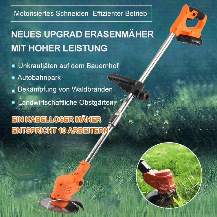 Akku-Rasentrimmer: 10-mal schärfer und ultraleicht. Trimmen Sie 100 Quadratmeter in nur 3 Minuten – das Gerät ist so handlich und leicht, dass es sich einhändig bedienen lässt, selbst von Frauen.