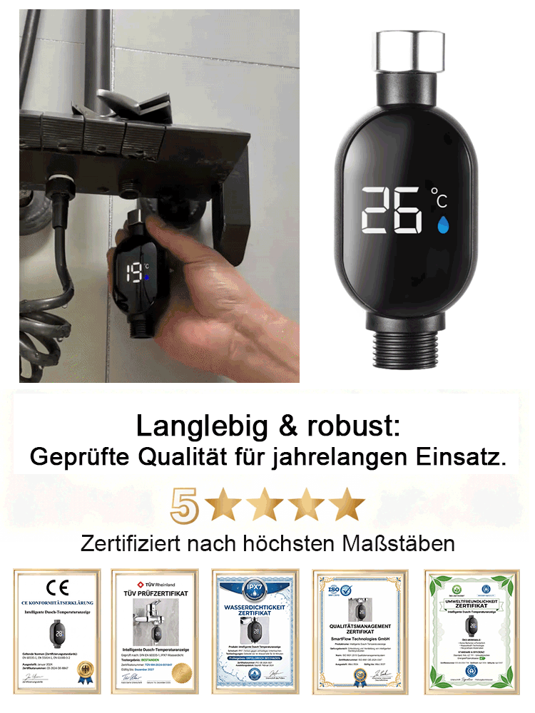 [Deutsche Premiumqualität] Intelligente, wasserdichte Duschkopf-Temperaturanzeige, IPX7-wasserdicht, mit Wasserkraft (keine Batterie), dreifarbige Echtzeit-Temperaturanzeige, Überhitzungsschutz bis 43 °C, kompatibel mit allen Armaturen.