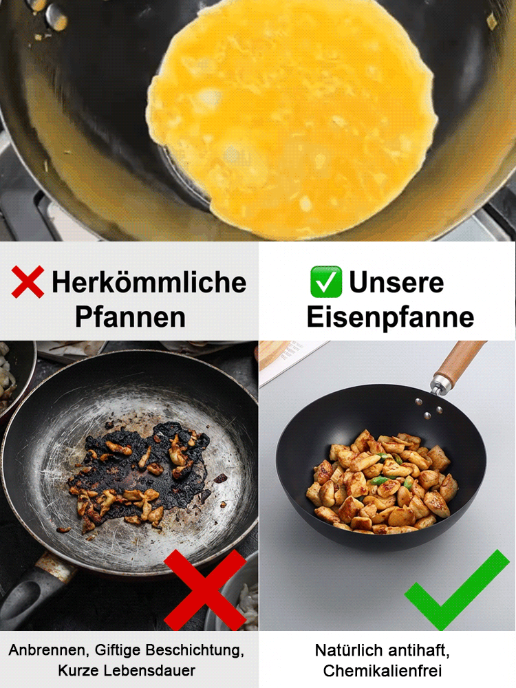 【Eine Antihaft-Eisenpfanne, die über Generationen weitergegeben werden kann】Handgeschmiedet, ohne schädliche Beschichtungen, 99,9 % hochdichtes, raffiniertes Eisen; Pfannenrühren setzt Eisen frei, gut für die Gesundheit, beugt Haarausfall vor