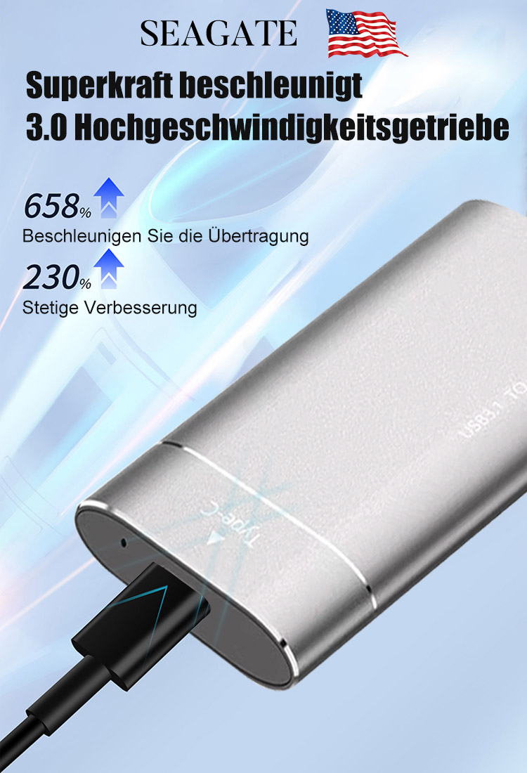 16 TB Speicherkapazität, 950 MB/s Übertragungsgeschwindigkeit, kompatibel mit allen Geräten und Systemen, Plug & Play, Super Acceleration 3.0 für maximale Geschwindigkeit, keine Datenbeschädigung, 1 GB Datentransfer pro Sekunde.