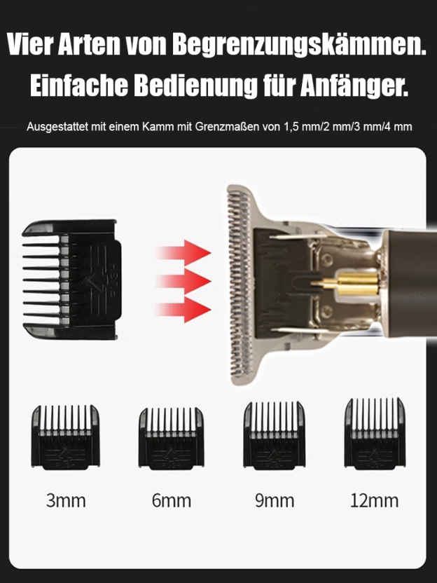 Elektrischer Haarschneider mit Doppelklingen und 0,1 mm feinen Zähnen, Kupferkern-Hochgeschwindigkeitsmotor für geringe Geräuschentwicklung und kein Verstopfen der Haare sowie 360° abgerundetem Klingenkopf zur Vermeidung von Hautverletzungen.
