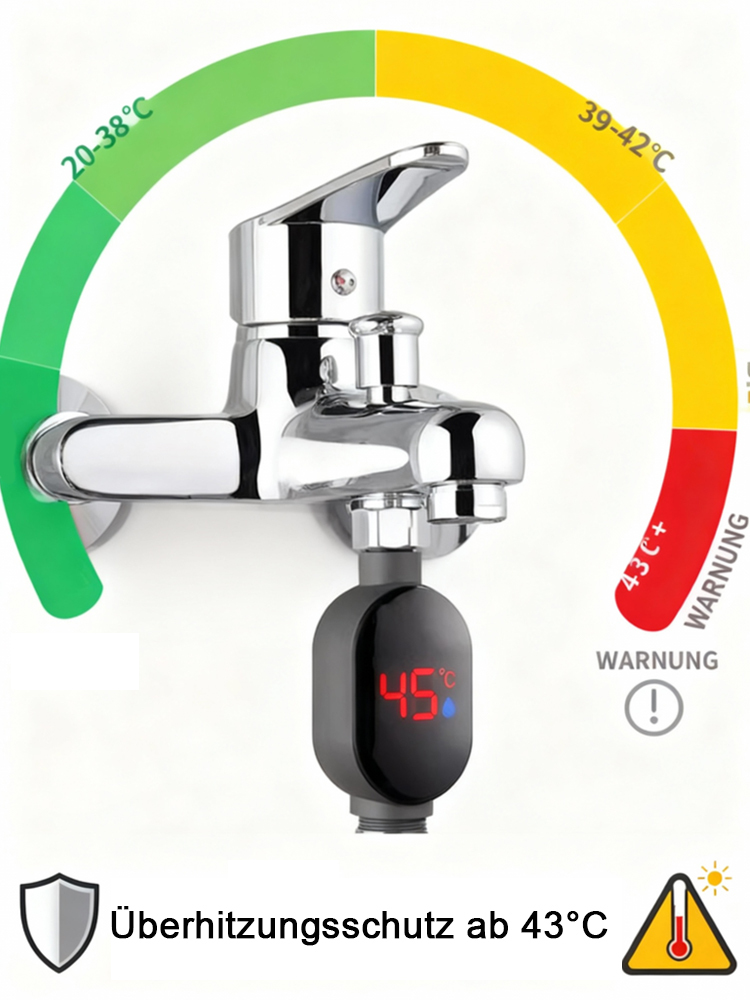[Deutsche Premiumqualität] Intelligente, wasserdichte Duschkopf-Temperaturanzeige, IPX7-wasserdicht, mit Wasserkraft (keine Batterie), dreifarbige Echtzeit-Temperaturanzeige, Überhitzungsschutz bis 43 °C, kompatibel mit allen Armaturen.