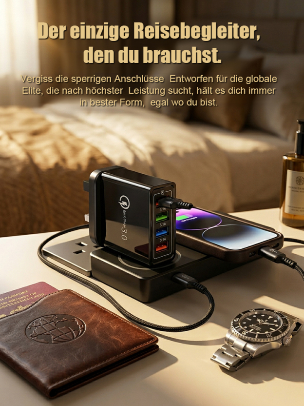 Nie mehr Streit um Steckdosen im Hotel! 🔌 Planen Sie einen Städtetrip oder Familienurlaub? Mit unserem hervorragenden 4-Port-Reiseladegerät sind alle Geräte immer voll aufgeladen! 📱🎧