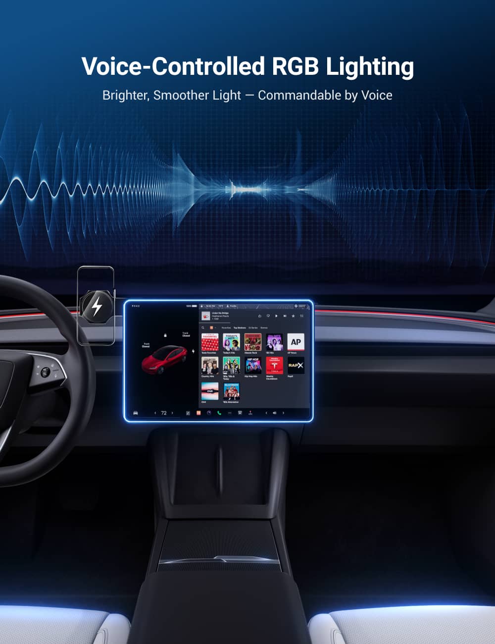 Ambient Light Screen Edge Protector With Wireless Charging Phone Holder for Model 3/Y - Tesery Official Store