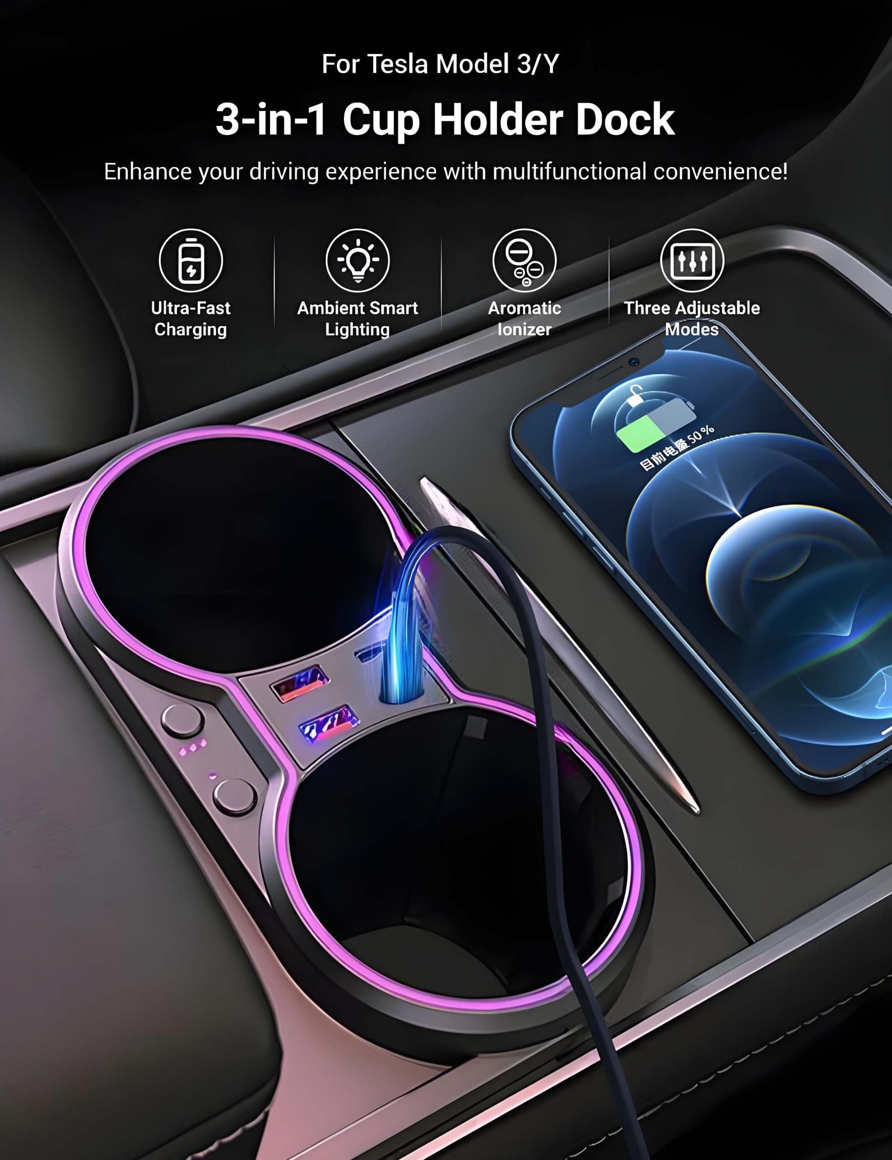 Console Cup Holder Expansion Dock with Lighting for Tesla Model 3/Y - Tesery Official Store