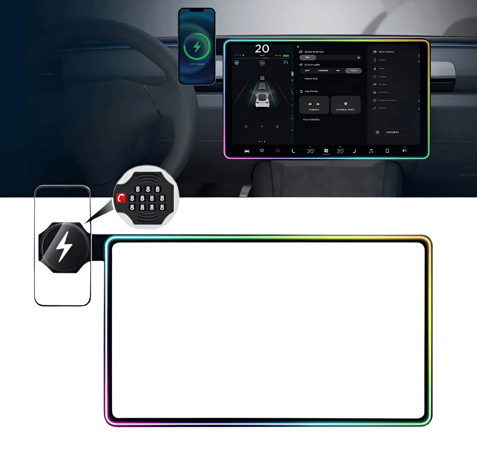 Model 3/Y Ambient Light Screen Edge Protector with Wireless Charging Phone Holder - Tesery Official Store